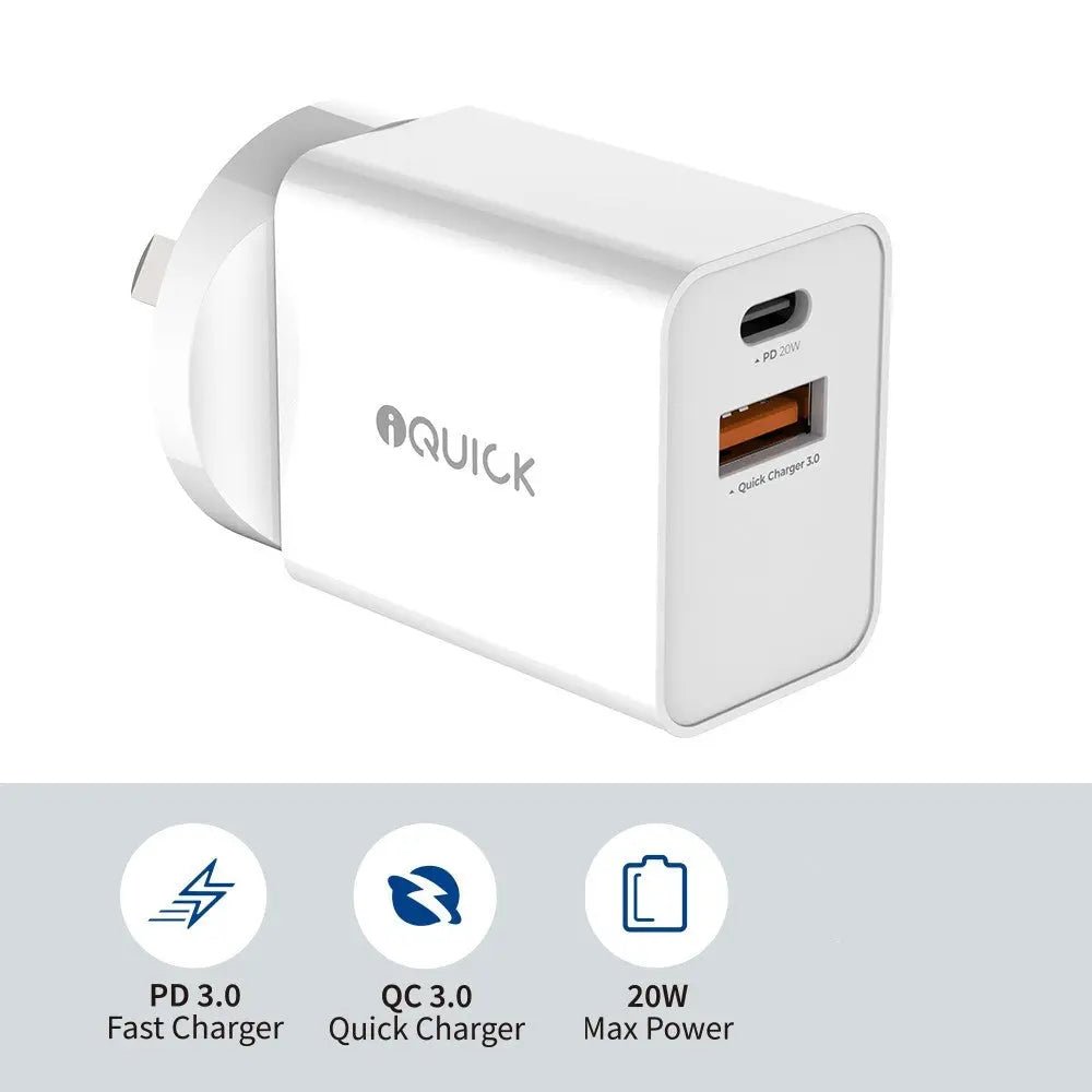 20W USB Charger iQuick PD3.0 + QC3.0 - White - MJ Gadgets