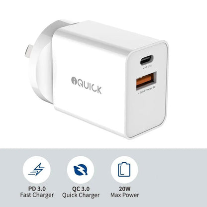 20W USB Charger iQuick PD3.0 + QC3.0 - White - MJ Gadgets