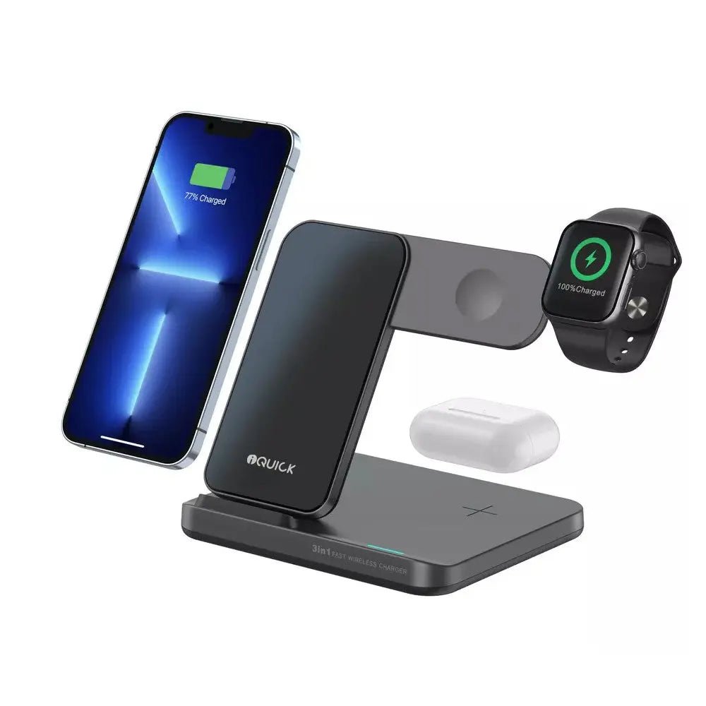 3 - in - 1 Wireless Charging Station for iPhone, Apple Watch and AirPods - iQuick T5 in Black - MJ Gadgets