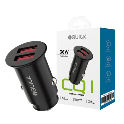 36W USB Fast Car Charger Dual USB - A Ports iQuick CQ1 - Black - MJ Gadgets