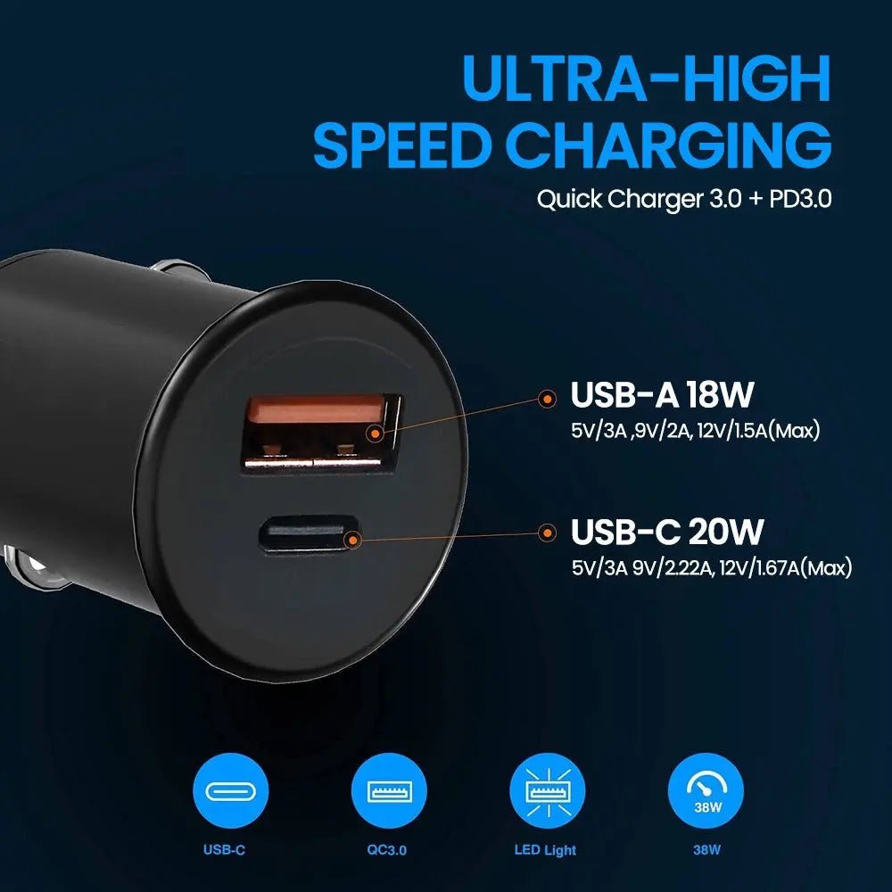 38W USB Fast Car Charger Dual USB - A & USB - C Ports iQuick CQ2 - Black - MJ Gadgets