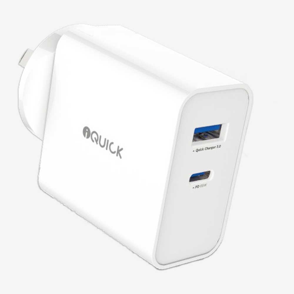 65W USB Charger iQuick USB - C & USB - A Fast Charging Power Adapter - White / Black - MJ Gadgets