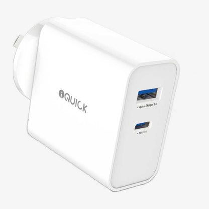 65W USB Charger iQuick USB - C & USB - A Fast Charging Power Adapter - White / Black - MJ Gadgets