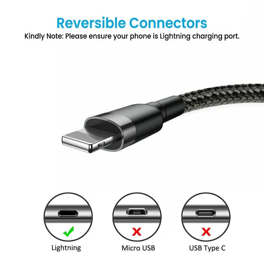 USB - A to Lightning Cable (Fast Charging and Braided) iQuick 0.3M, 1M, 2M or 3M - Black - MJ Gadgets