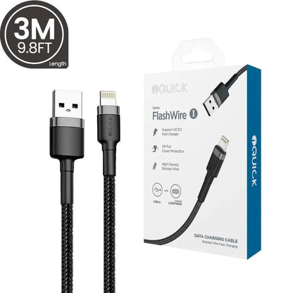 USB - A to Lightning Cable (Fast Charging and Braided) iQuick 0.3M, 1M, 2M or 3M - Black - MJ Gadgets