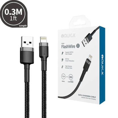 USB - A to Lightning Cable (Fast Charging and Braided) iQuick 0.3M, 1M, 2M or 3M - Black - MJ Gadgets