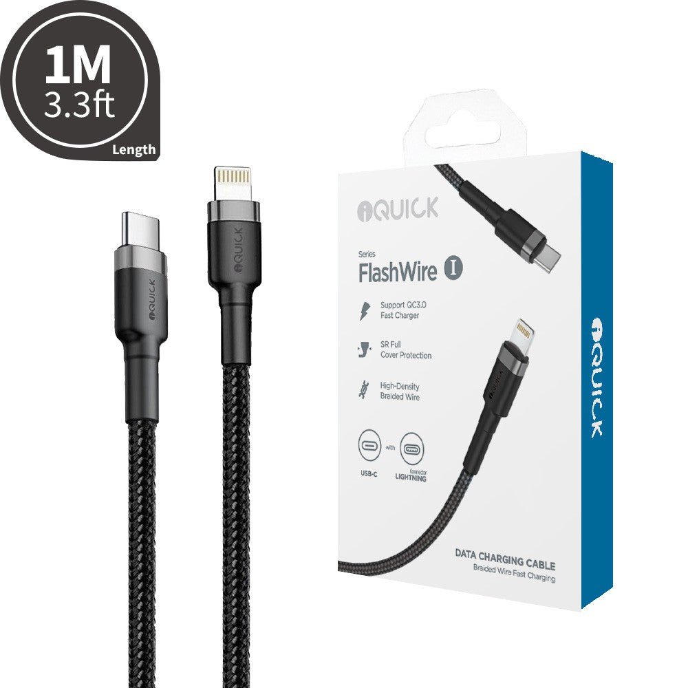 USB - C to Lightning Cable (Fast Charging and Braided) iQuick 1M or 2M - Black - MJ Gadgets