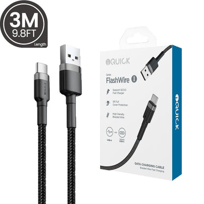 USB - C to USB - A Cable iQuick (Fast Charging & Braided) 0.3M or 3M - Black - MJ Gadgets