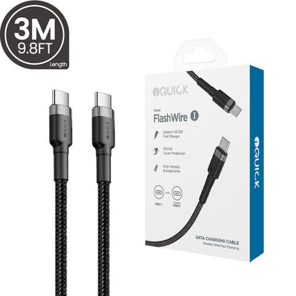 USB - C to USB - C Cable (Fast Charging and Braided) iQuick 0.3M 1M, 2M or 3M - Black - MJ Gadgets